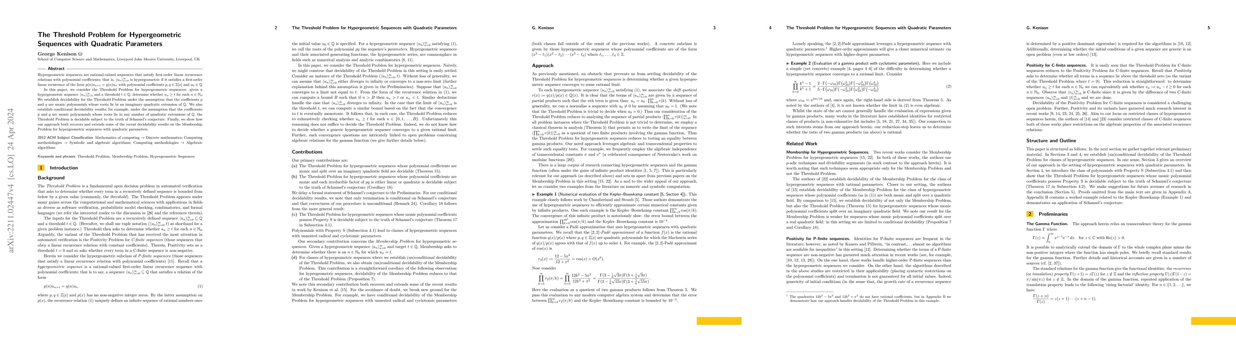 Thumbnail for The Threshold Problem for Hypergeometric Sequences with Quadratic
  Parameters