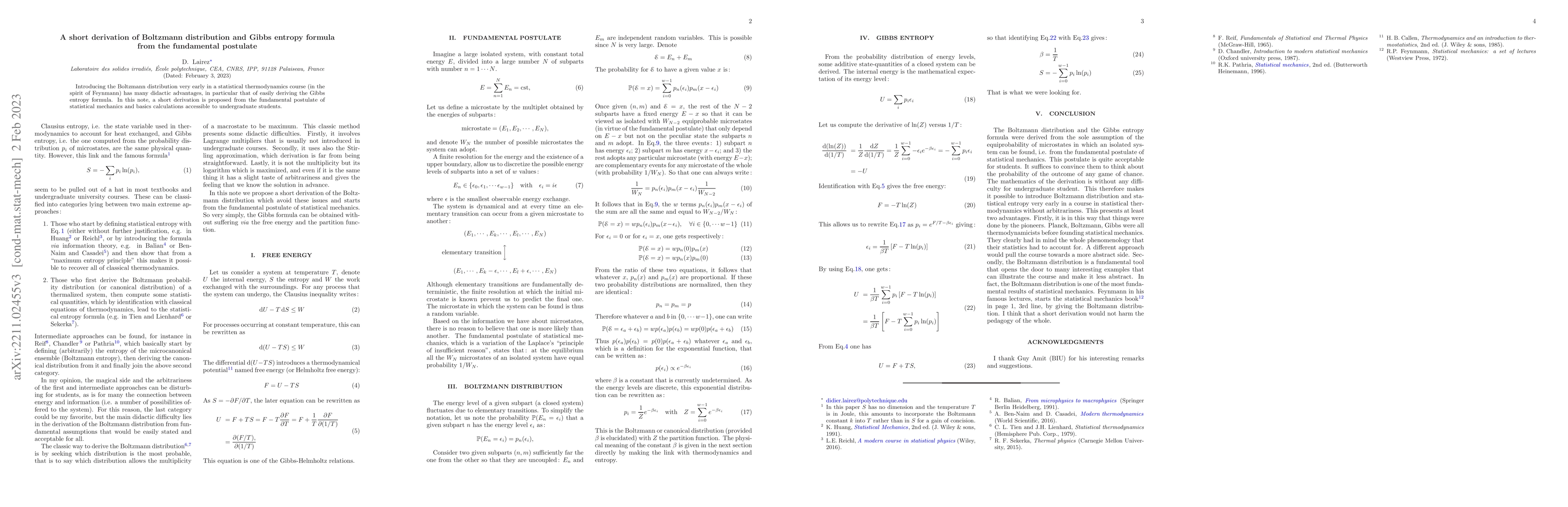 Thumbnail for A short derivation of Boltzmann distribution and Gibbs entropy formula
  from the fundamental postulate