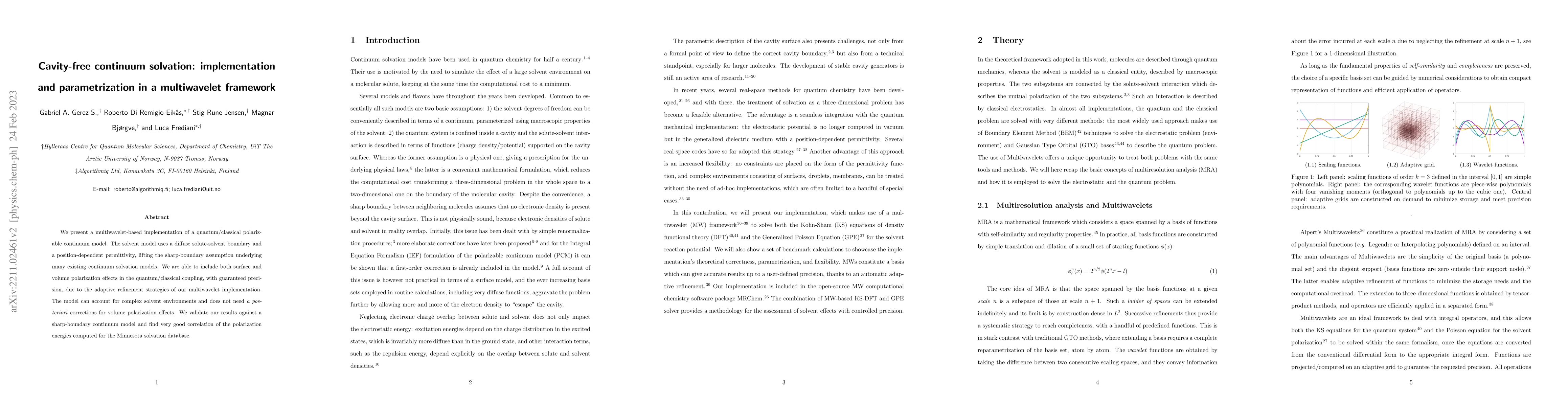 Thumbnail for Cavity-free continuum solvation: implementation and parametrization in a
  multiwavelet framework