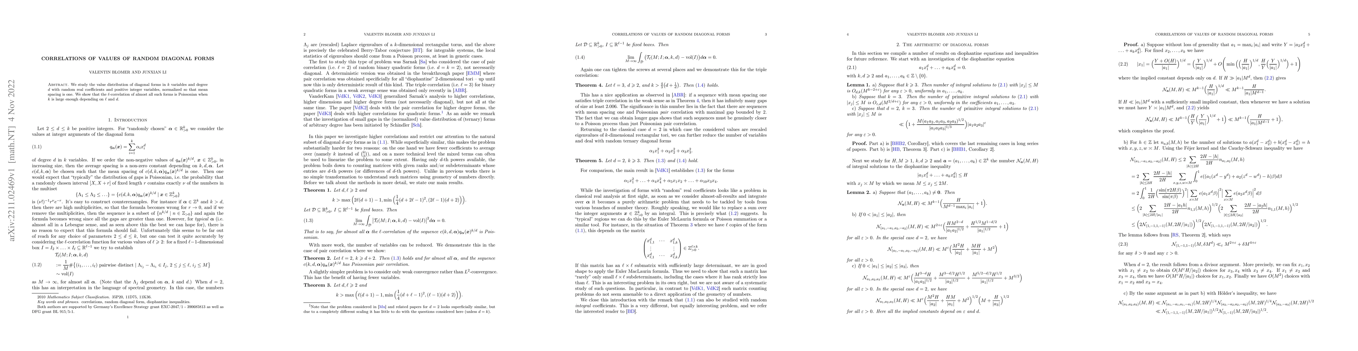 Thumbnail for Correlations of values of random diagonal forms