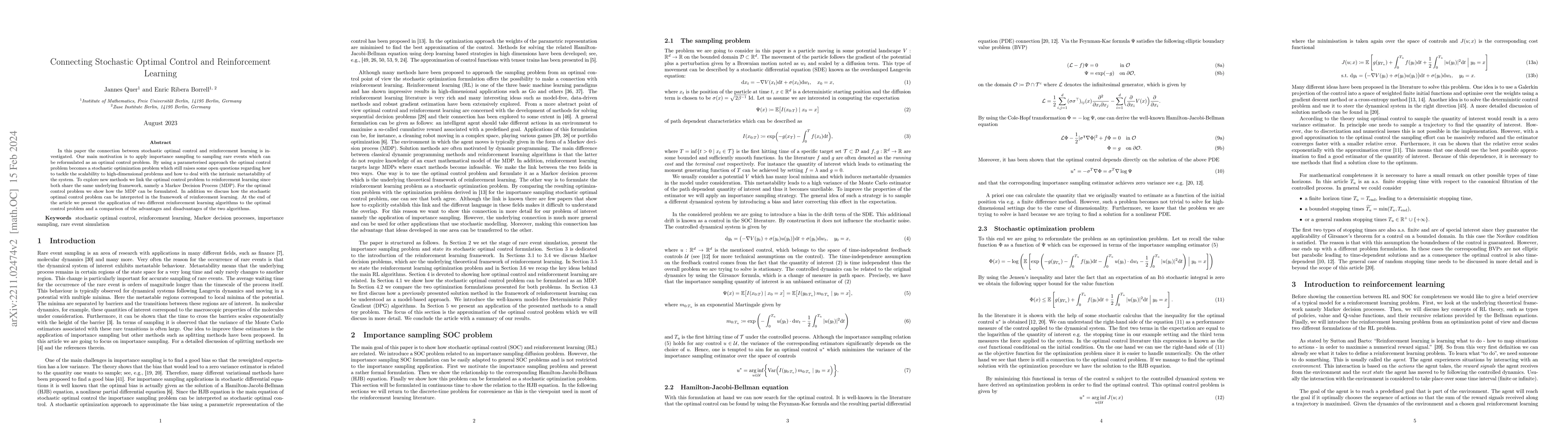 Thumbnail for Connecting Stochastic Optimal Control and Reinforcement Learning