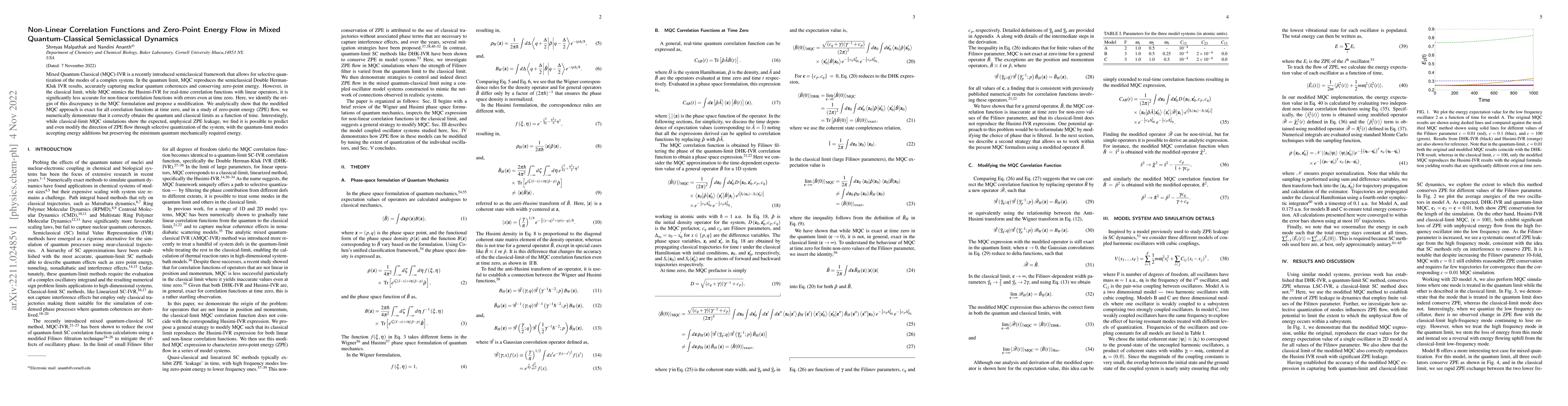 Thumbnail for Non-Linear Correlation Functions and Zero-Point Energy Flow in Mixed
  Quantum-Classical Semiclassical Dynamics