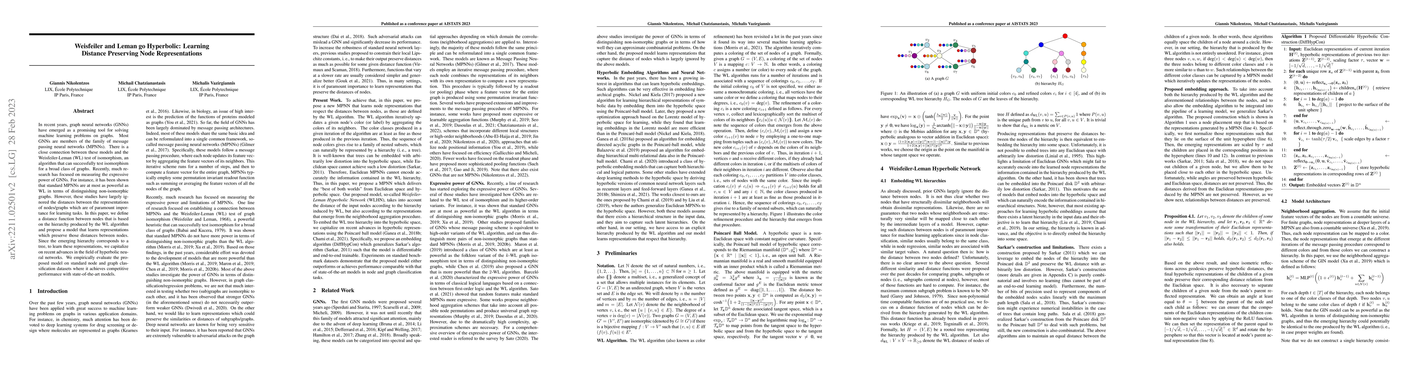 Thumbnail for Weisfeiler and Leman go Hyperbolic: Learning Distance Preserving Node
  Representations