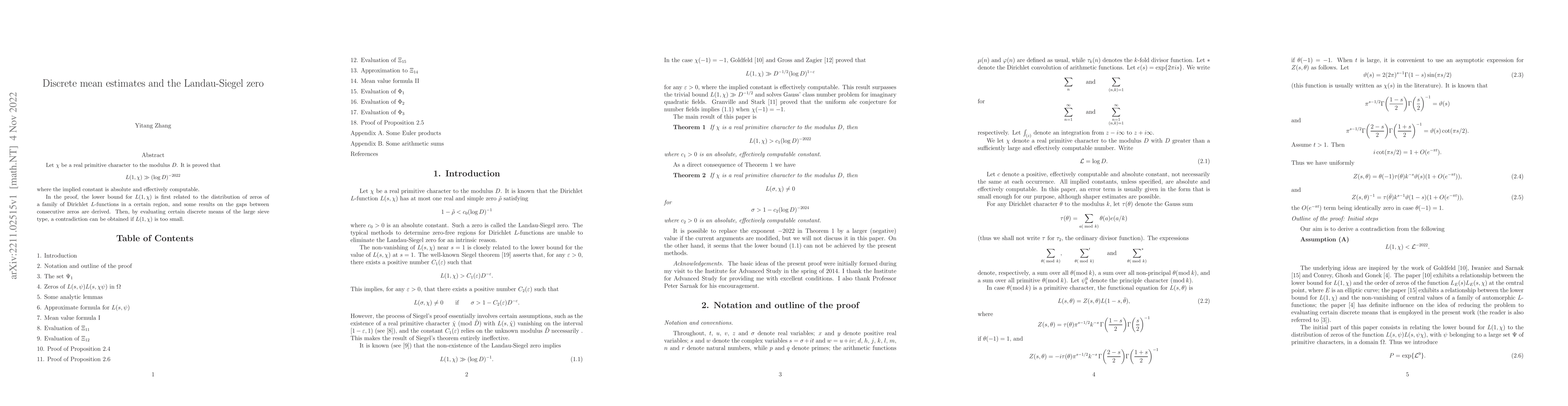 Thumbnail for Discrete mean estimates and the Landau-Siegel zero