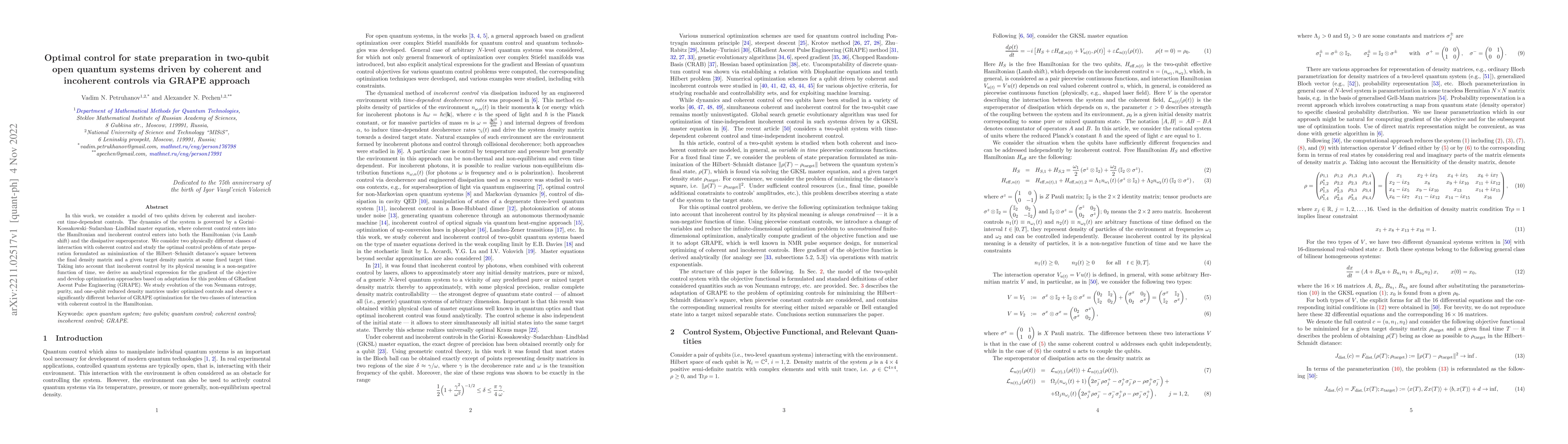 Thumbnail for Optimal control for state preparation in two-qubit open quantum systems
  driven by coherent and incoherent controls via GRAPE approach