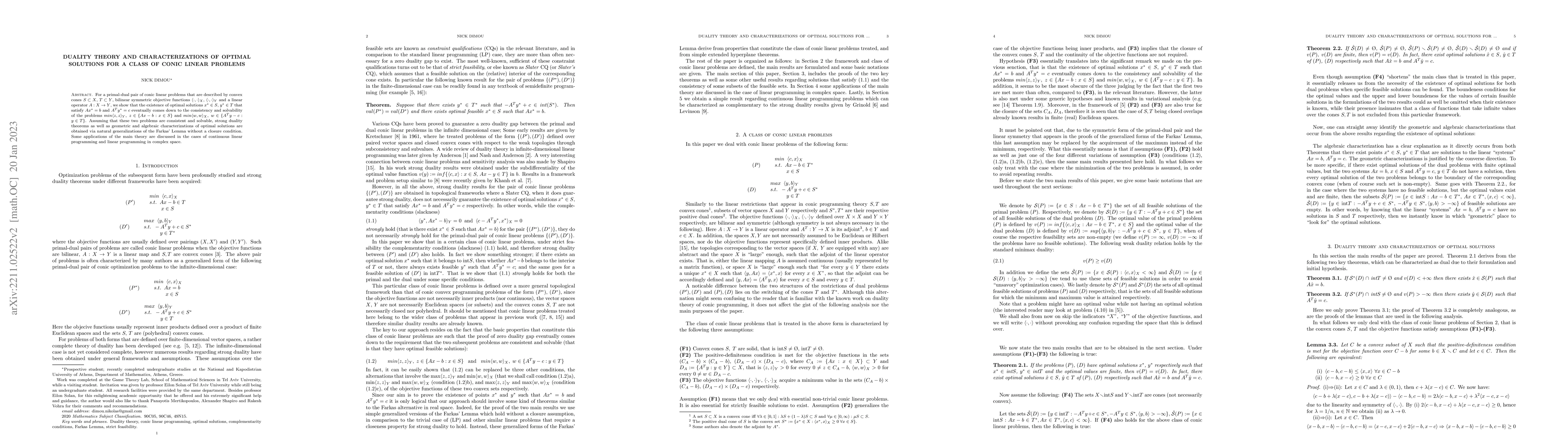 Thumbnail for Duality theory and characterizations of optimal solutions for a class of
  conic linear problems