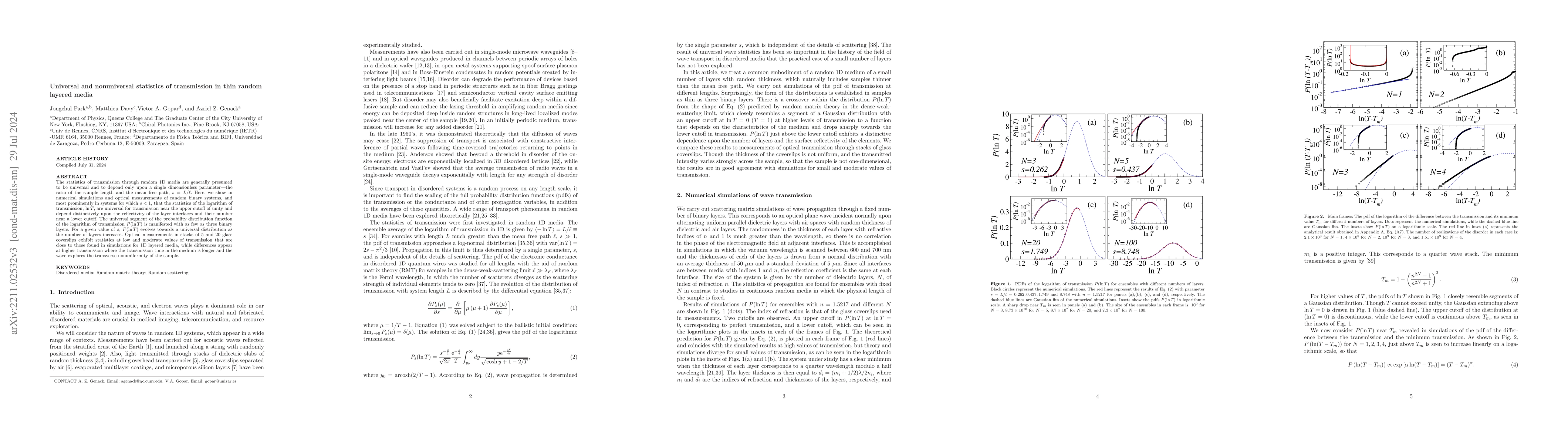 Thumbnail for Universal and nonuniversal statistics of transmission in thin random
  layered media
