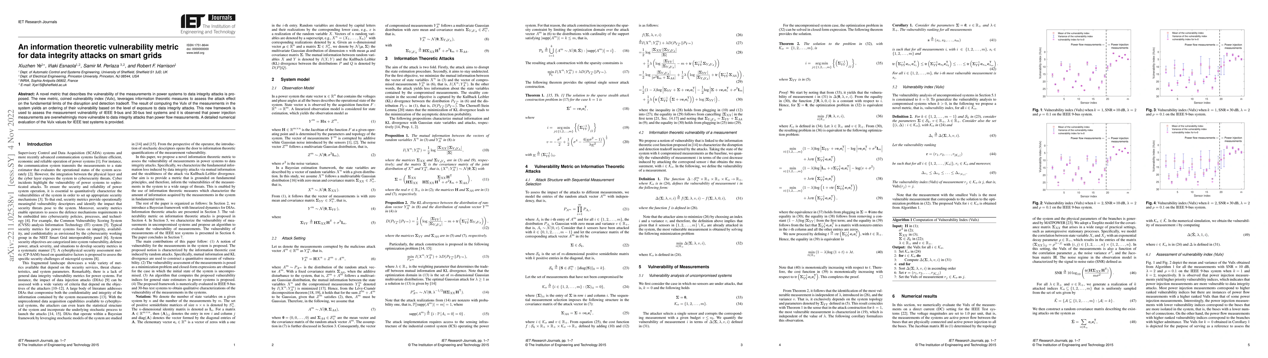 Thumbnail for An information theoretic vulnerability metric for data integrity attacks
  on smart grids