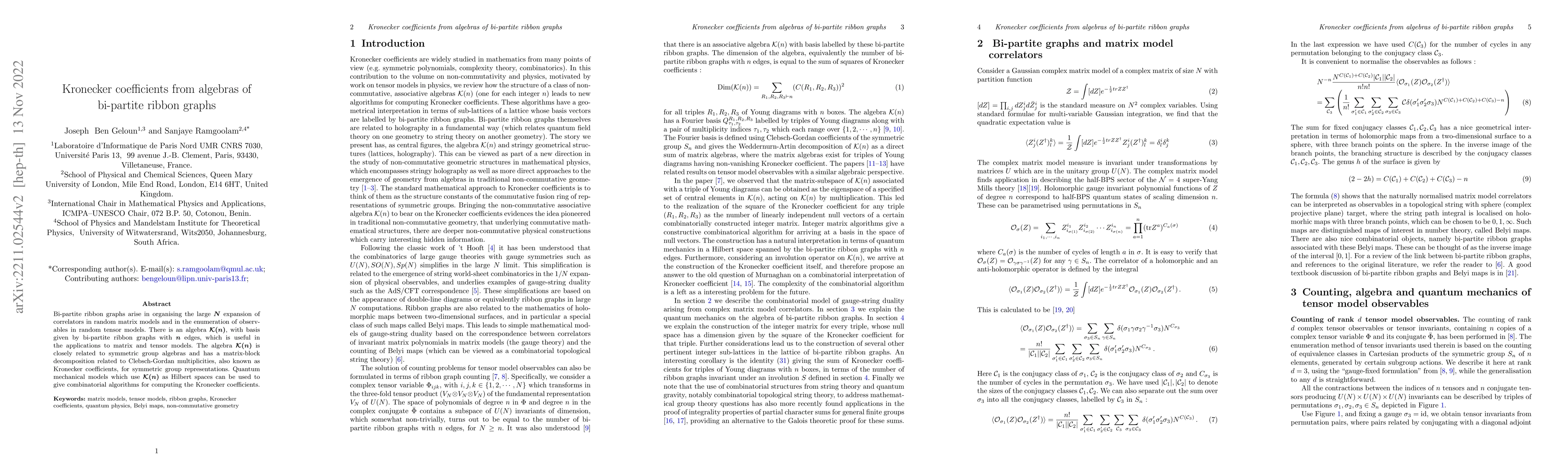 Thumbnail for Kronecker coefficients from algebras of bi-partite ribbon graphs