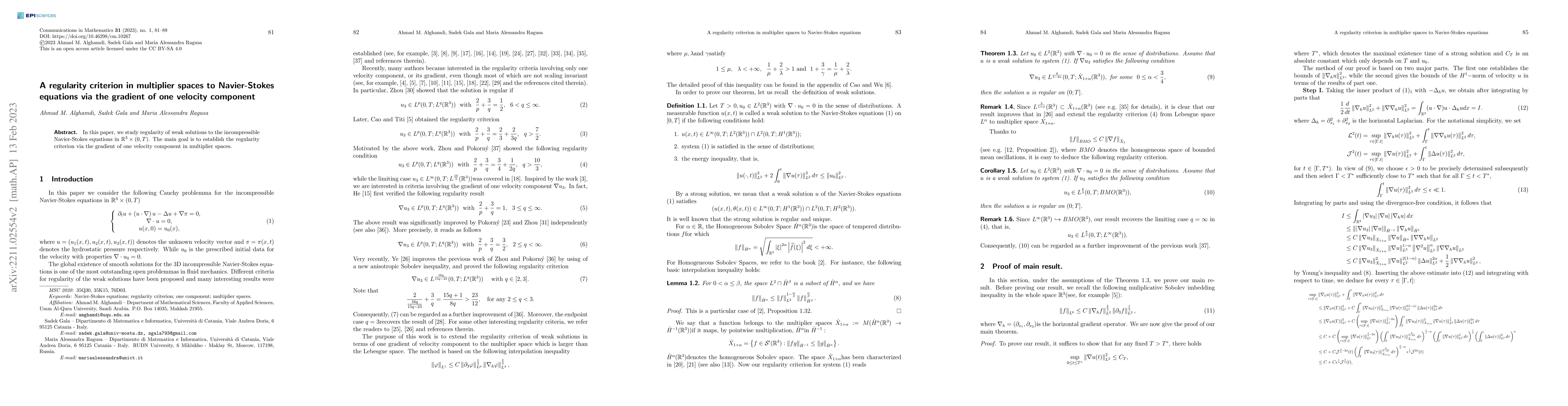 Thumbnail for A regularity criterion in multiplier spaces to Navier-Stokes equations
  via the gradient of one velocity component