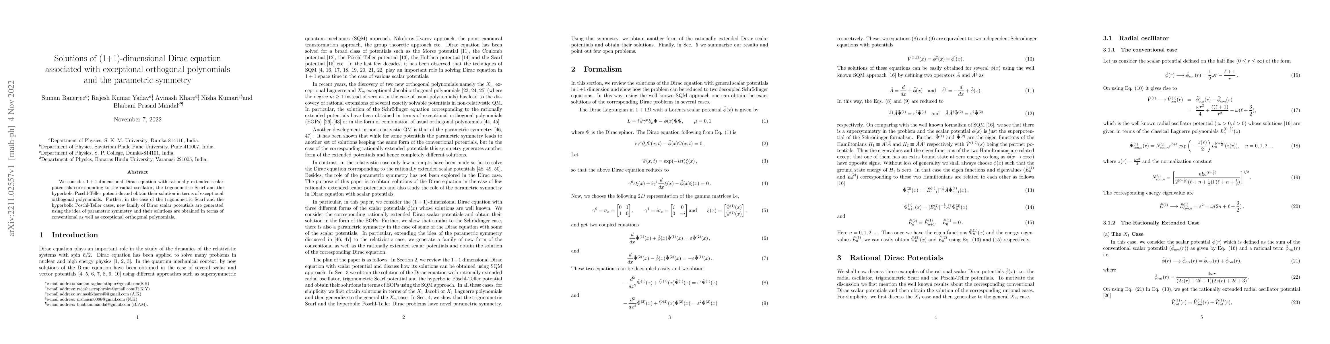Thumbnail for Solutions of (1+1)-dimensional Dirac equation associated with
  exceptional orthogonal polynomials and the parametric symmetry