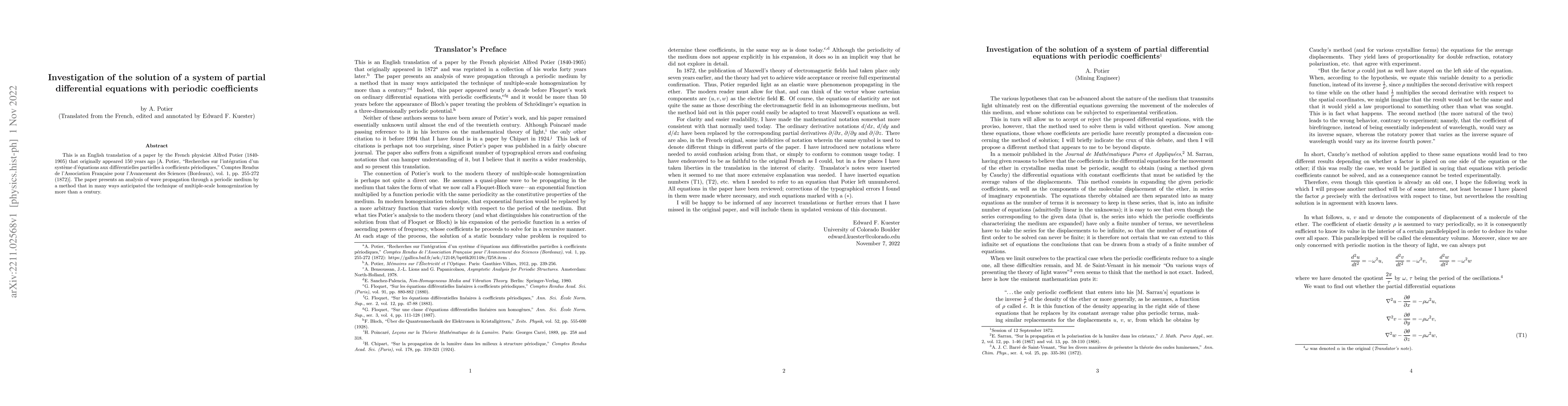 Thumbnail for Investigation of the solution of a system of partial differential
  equations with periodic coefficients