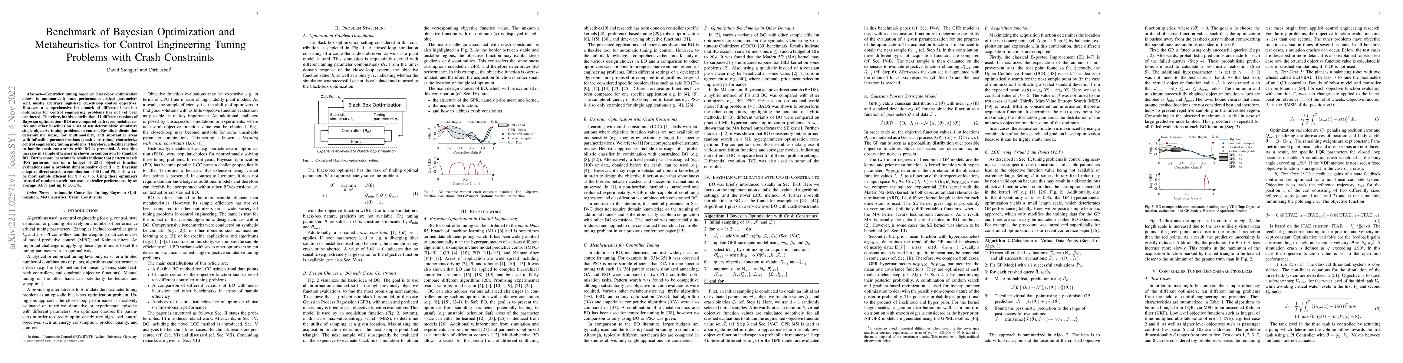 Thumbnail for Benchmark of Bayesian Optimization and Metaheuristics for Control
  Engineering Tuning Problems with Crash Constraints