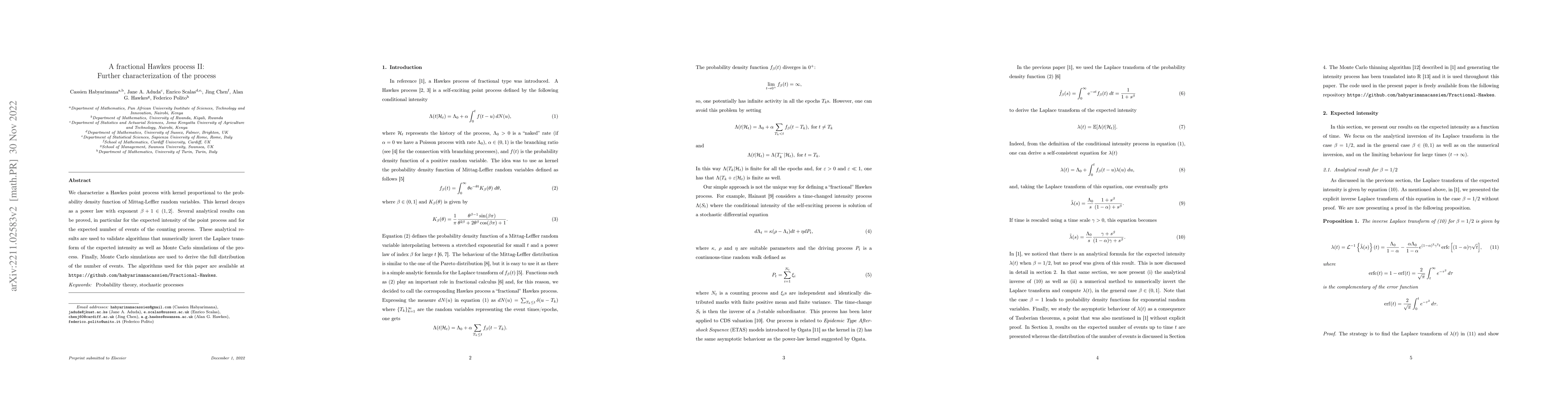 Thumbnail for A fractional Hawkes process II: Further characterization of the process
