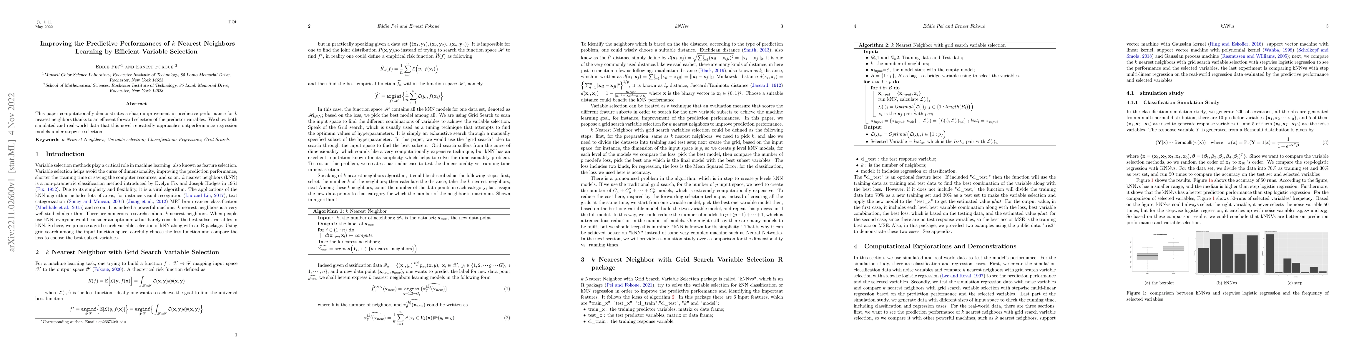 Thumbnail for Improving the Predictive Performances of $k$ Nearest Neighbors Learning
  by Efficient Variable Selection