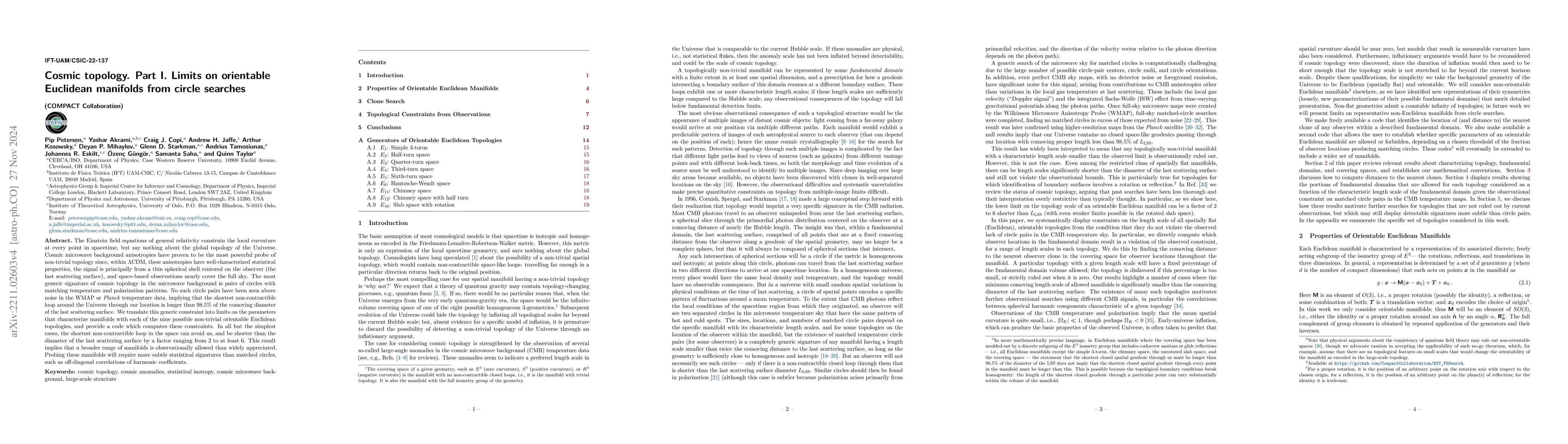 Thumbnail for Cosmic topology. Part I. Limits on orientable Euclidean manifolds from
  circle searches