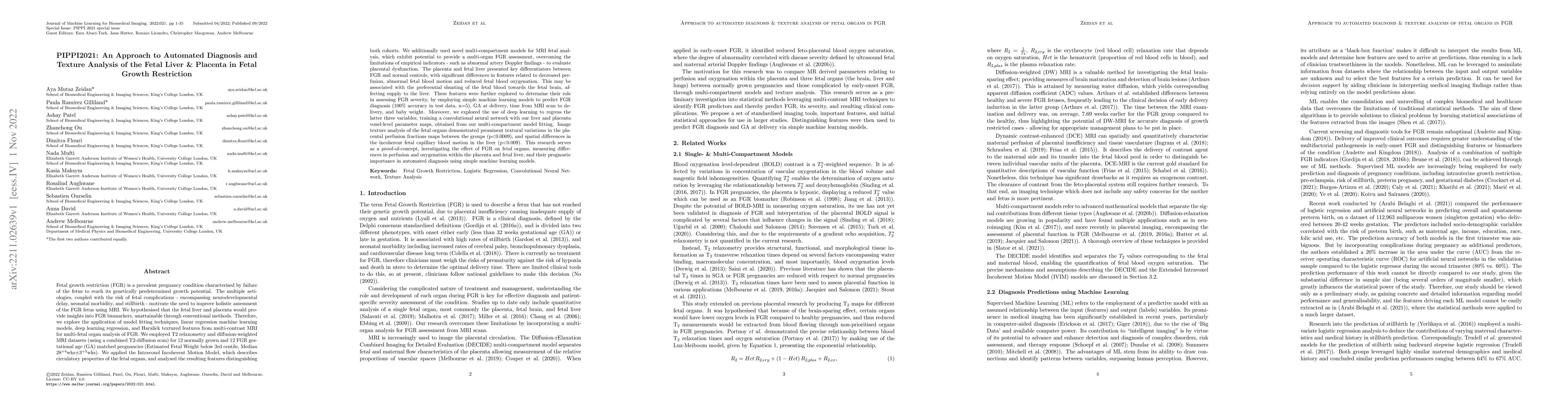 Thumbnail for PIPPI2021: An Approach to Automated Diagnosis and Texture Analysis of
  the Fetal Liver & Placenta in Fetal Growth Restriction