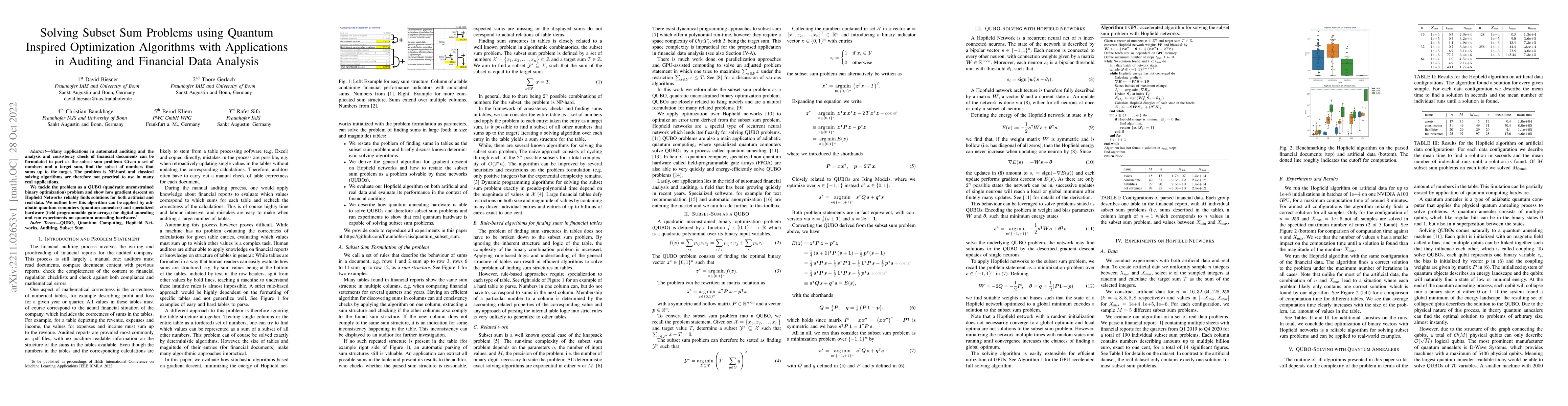 Thumbnail for Solving Subset Sum Problems using Quantum Inspired Optimization
  Algorithms with Applications in Auditing and Financial Data Analysis