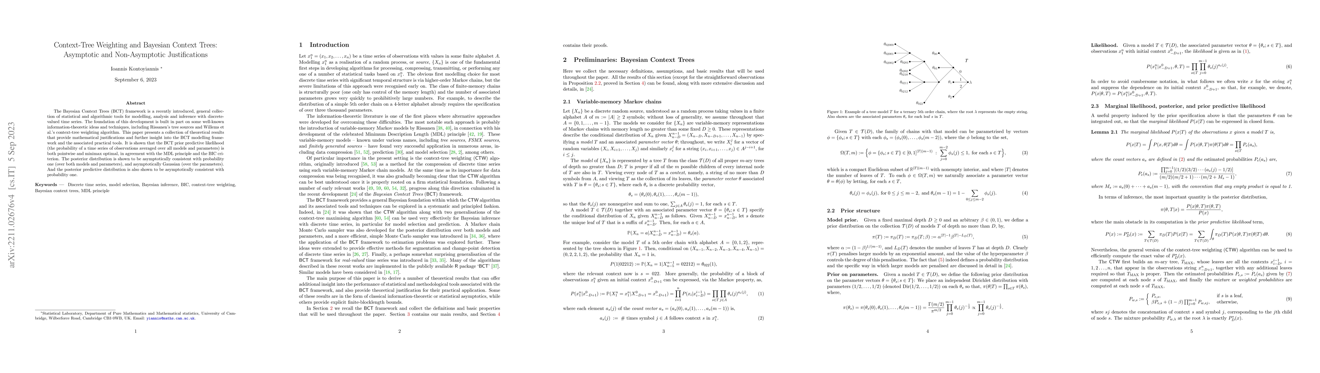 Thumbnail for Context-tree weighting and Bayesian Context Trees: Asymptotic and
  non-asymptotic justifications