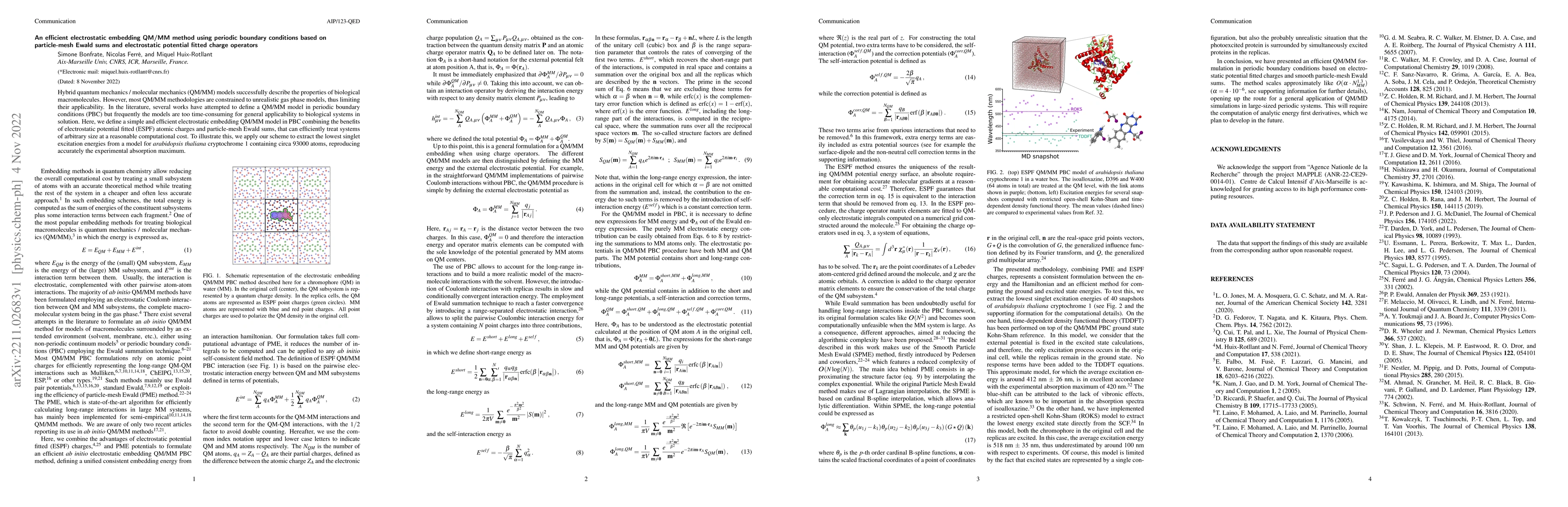 Thumbnail for An efficient electrostatic embedding QM/MM method using periodic
  boundary conditions based on particle-mesh Ewald sums and electrostatic
  potential fitted charge operators