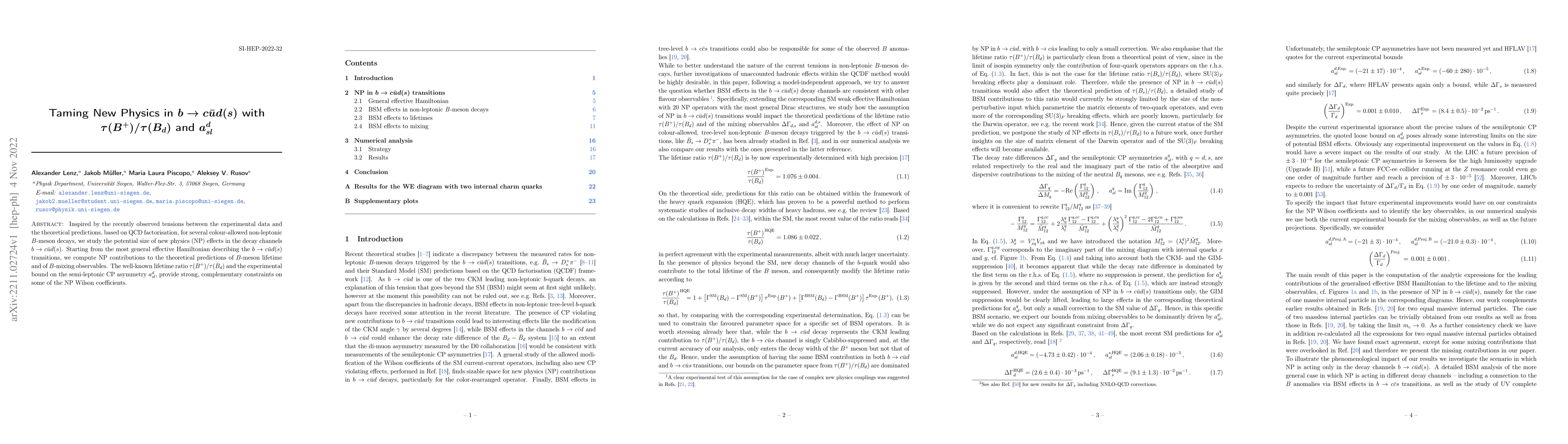 Thumbnail for Taming New Physics in $b \to c \bar u d (s) $ with $\tau
  (B^+)/\tau(B_d)$ and $a_{sl}^d$