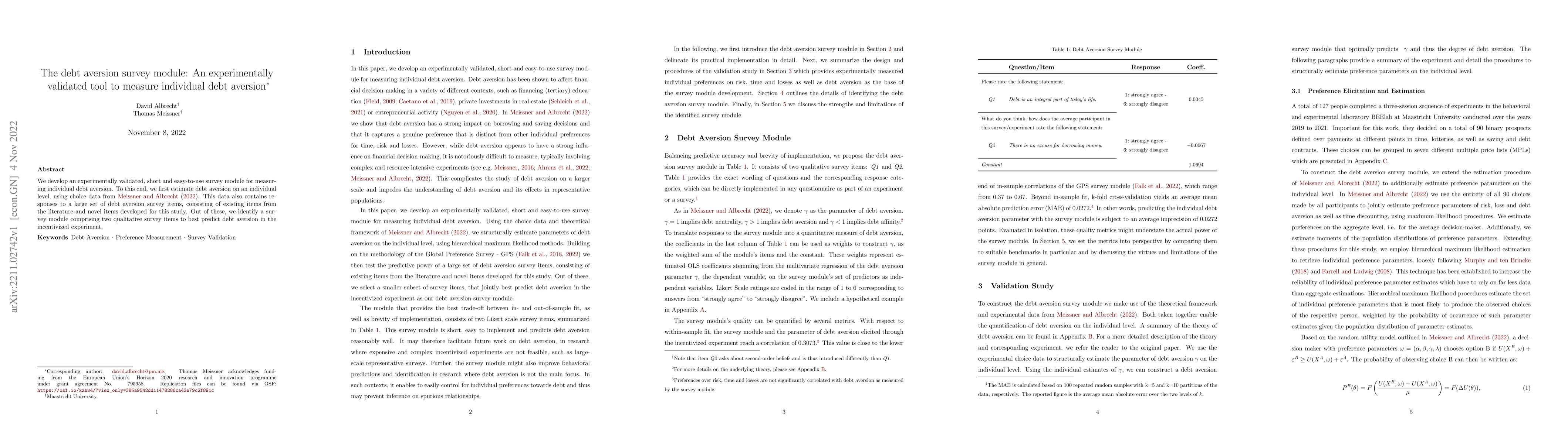 Thumbnail for The debt aversion survey module: An experimentally validated tool to
  measure individual debt aversion