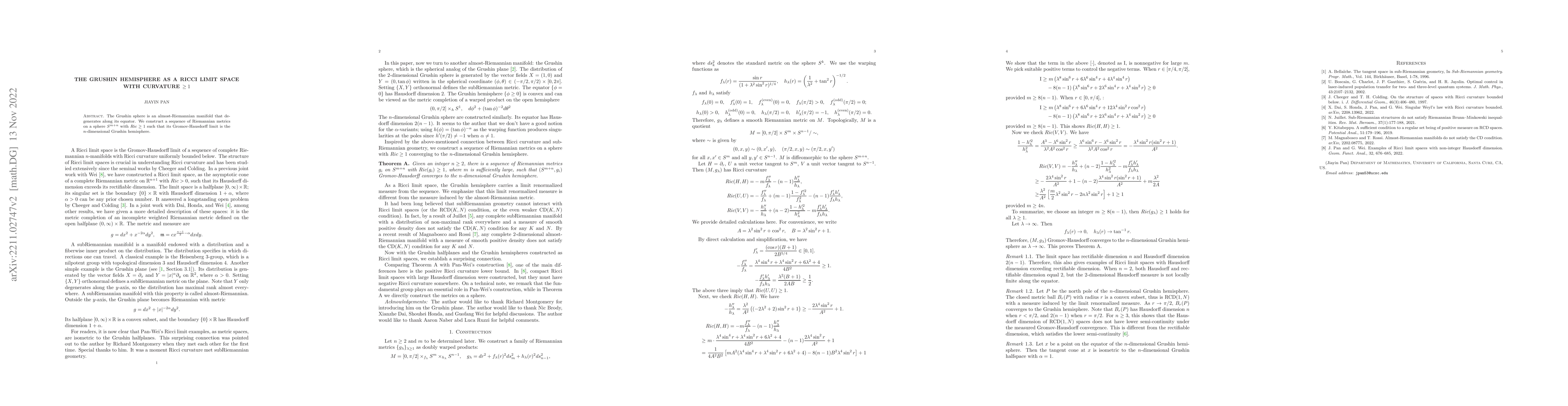 Thumbnail for The Grushin hemisphere as a Ricci limit space with curvature $\ge 1$