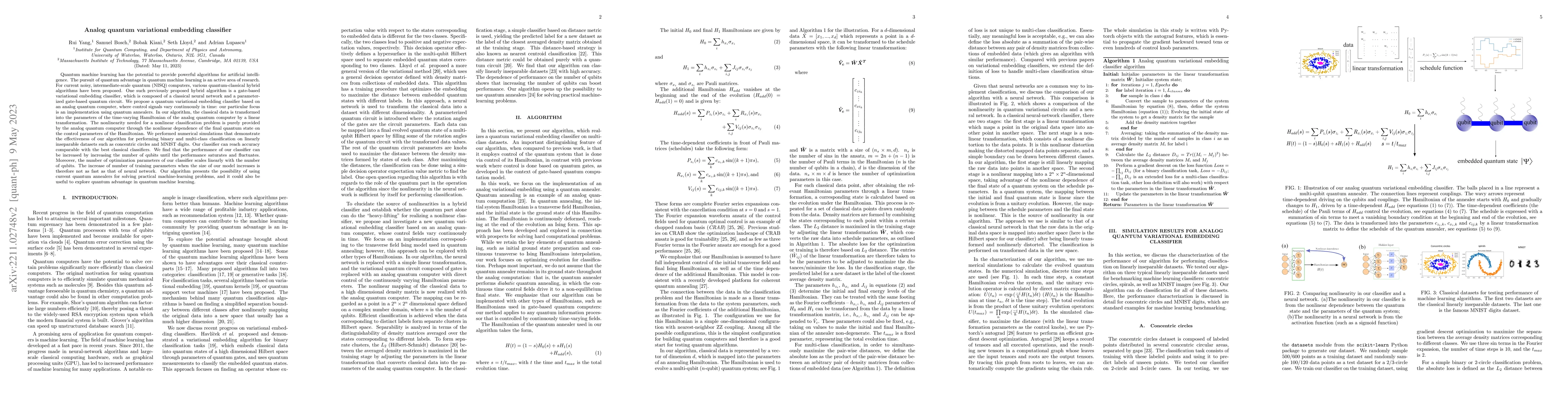 Thumbnail for Analog quantum variational embedding classifier