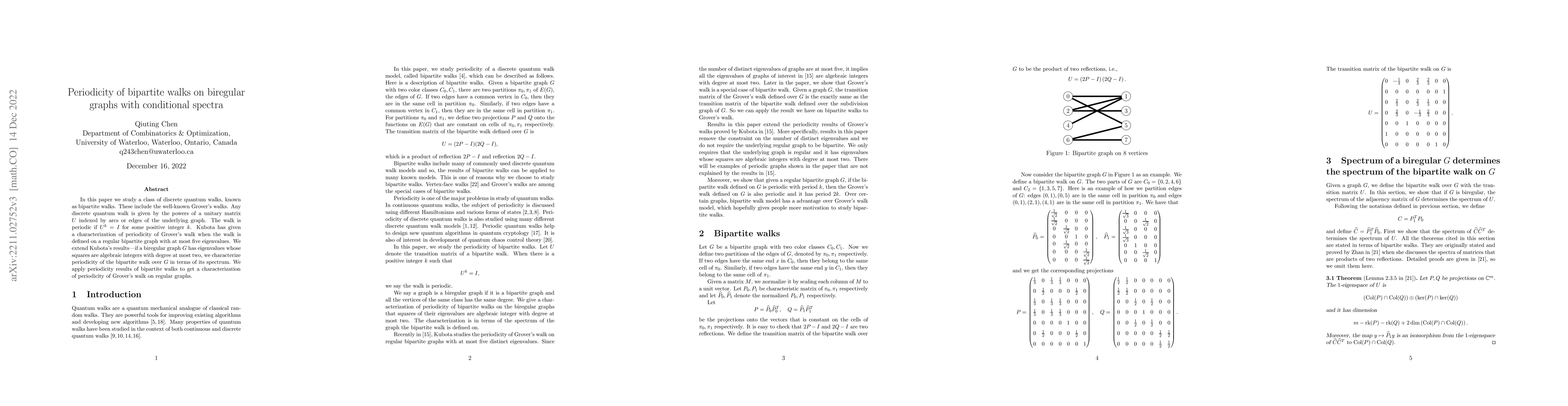 Thumbnail for Periodicity of bipartite walk on biregular graphs with conditional
  spectra
