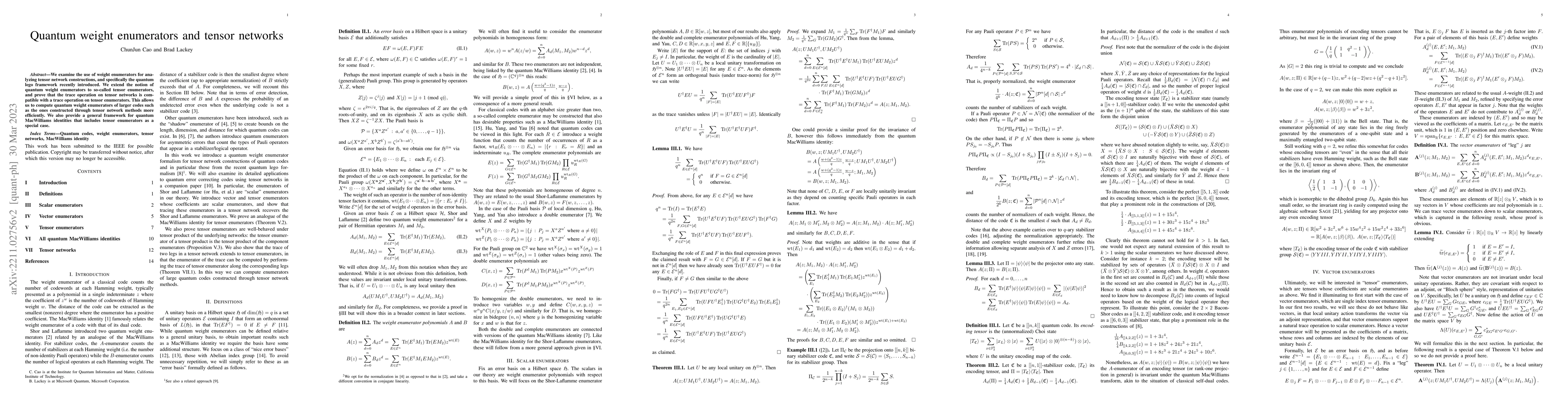 Thumbnail for Quantum weight enumerators and tensor networks