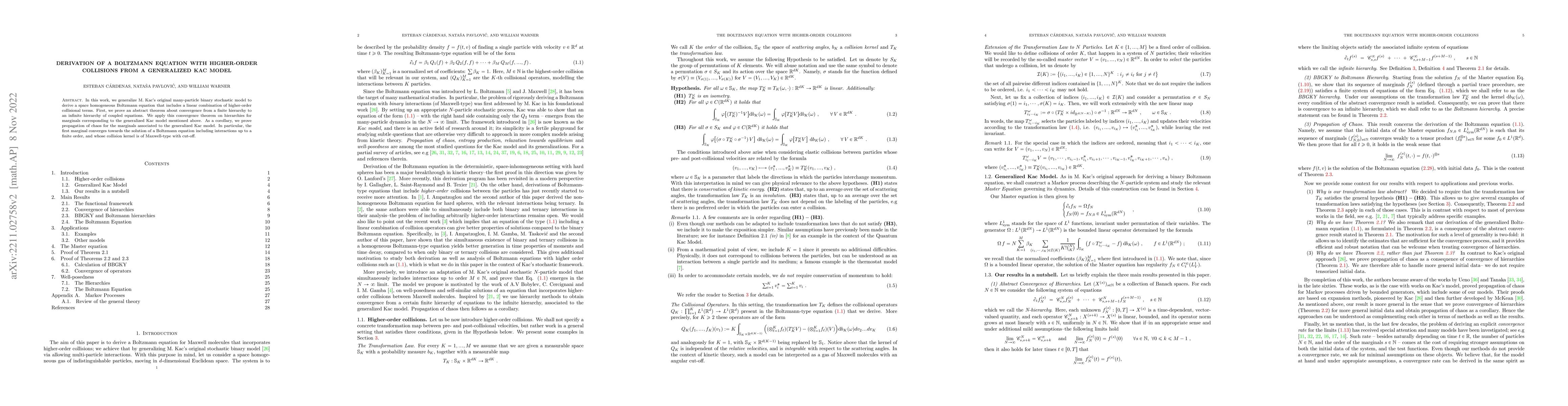 Thumbnail for Derivation of a Boltzmann equation with higher-order collisions from a
  generalized Kac model