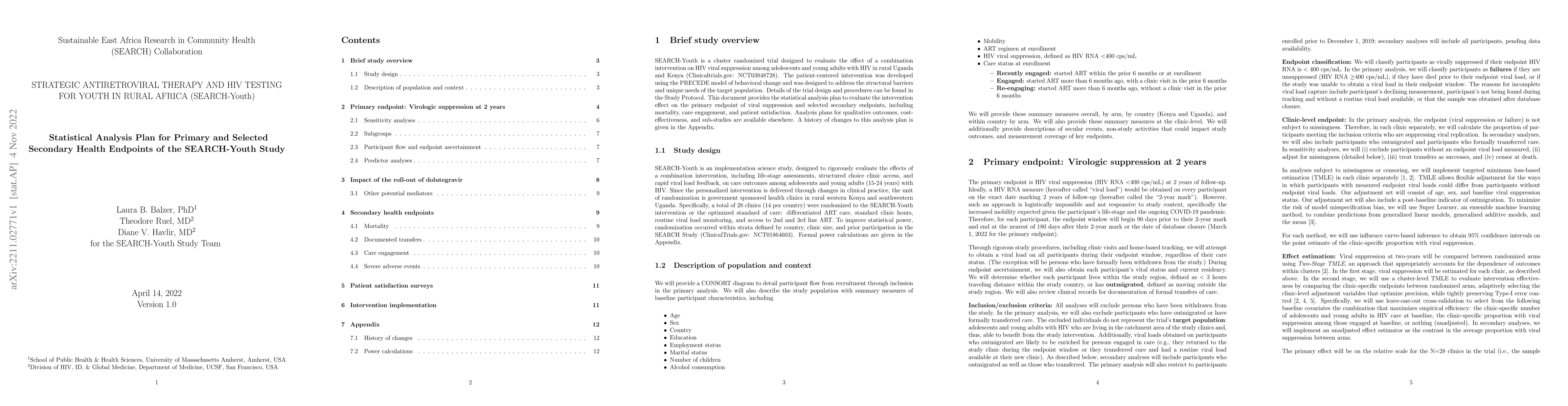 Thumbnail for Statistical Analysis Plan for Primary and Selected Secondary Health
  Endpoints of the SEARCH-Youth Study