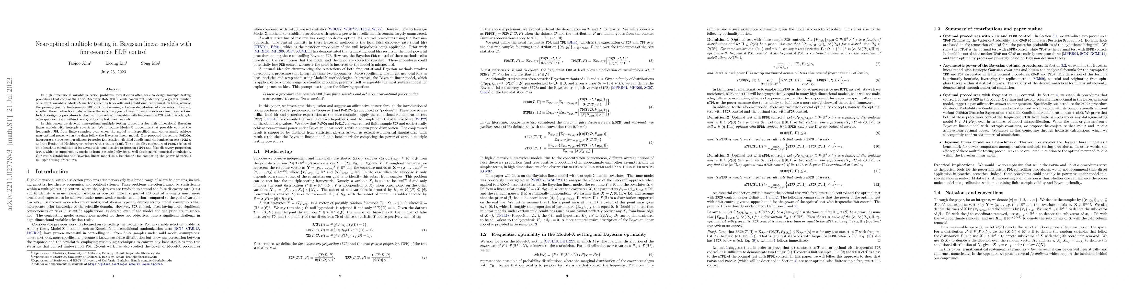 Thumbnail for Near-optimal multiple testing in Bayesian linear models with
  finite-sample FDR control