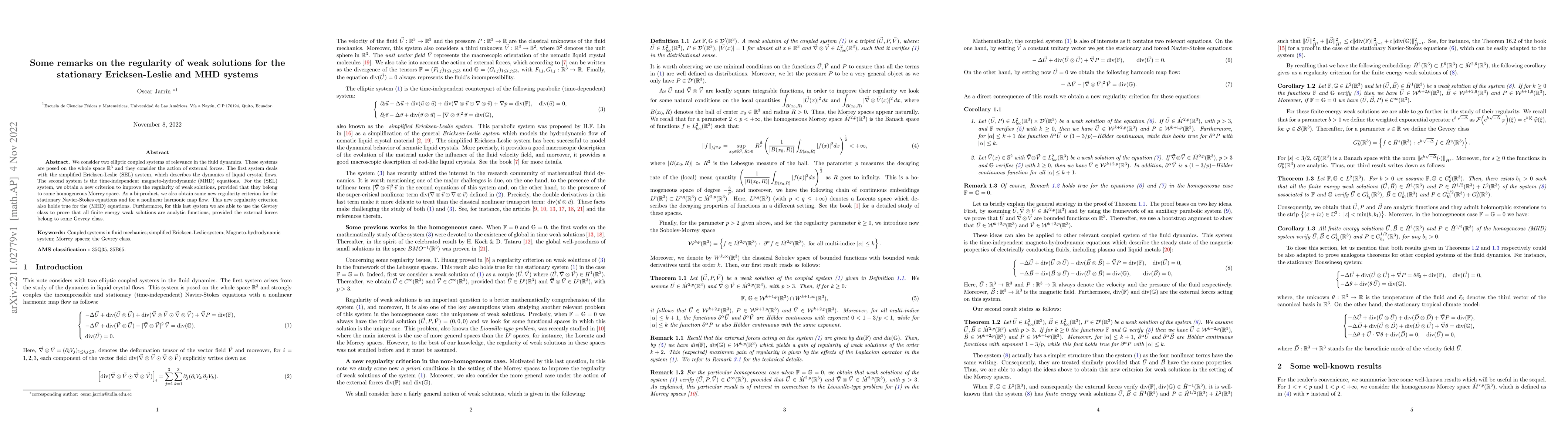 Thumbnail for Some remarks on the regularity of weak solutions for the stationary
  Ericksen-Leslie and MHD systems