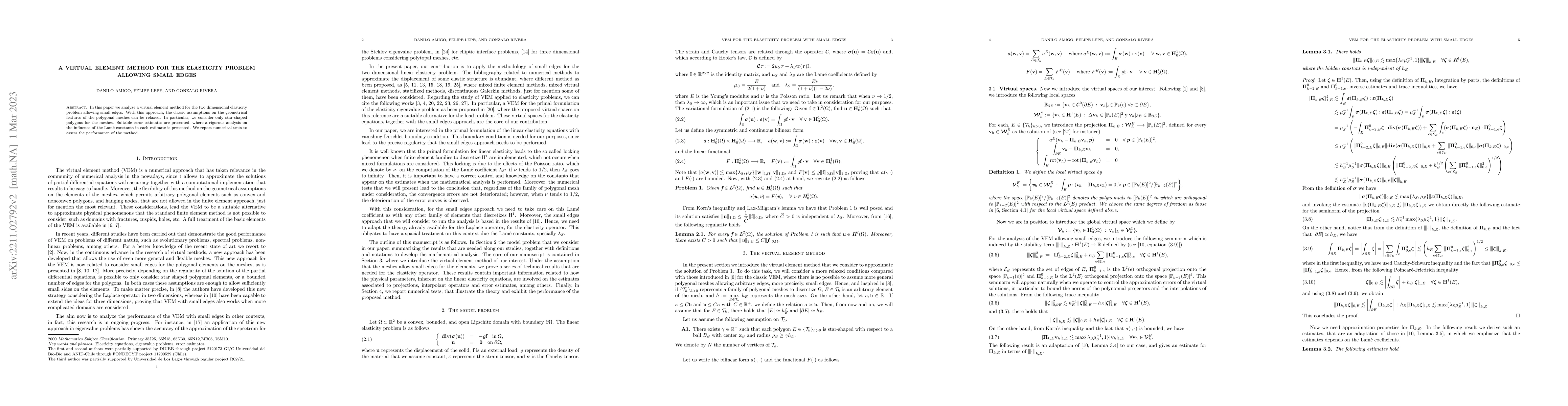 Thumbnail for A virtual element method for the elasticity problem allowing small edges