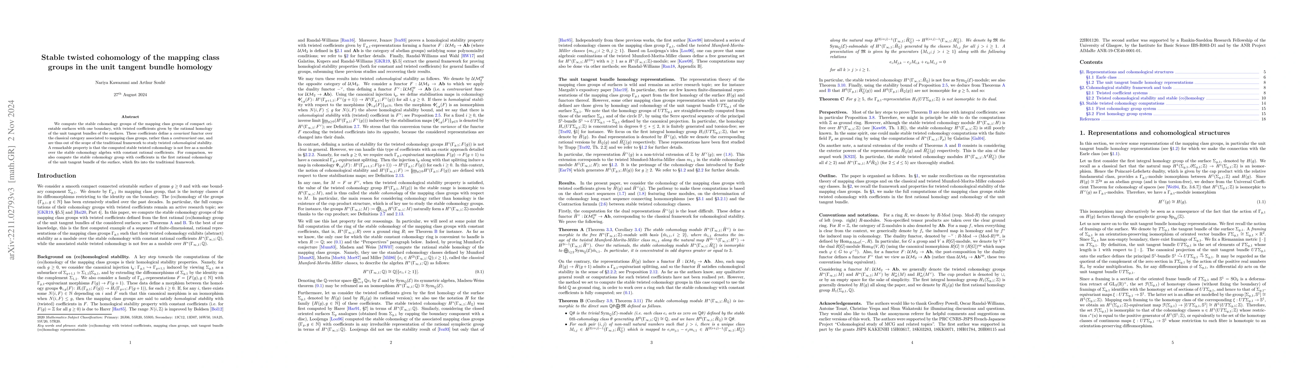 Thumbnail for Stable twisted cohomology of the mapping class groups in the unit
  tangent bundle homology