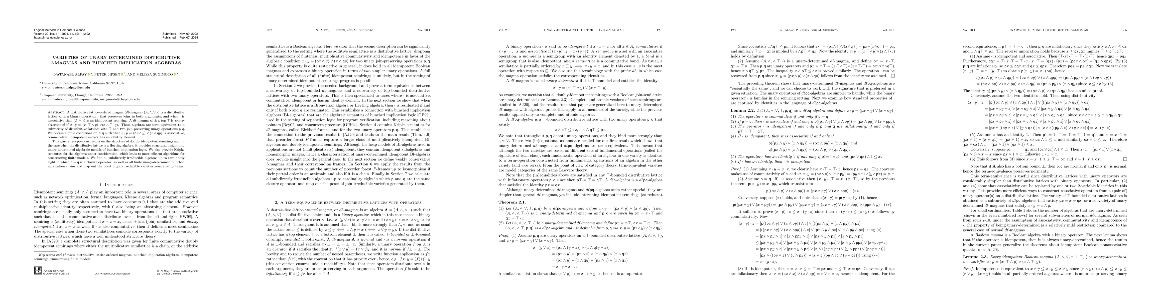 Thumbnail for Varieties of unary-determined distributive $\ell$-magmas and bunched
  implication algebras