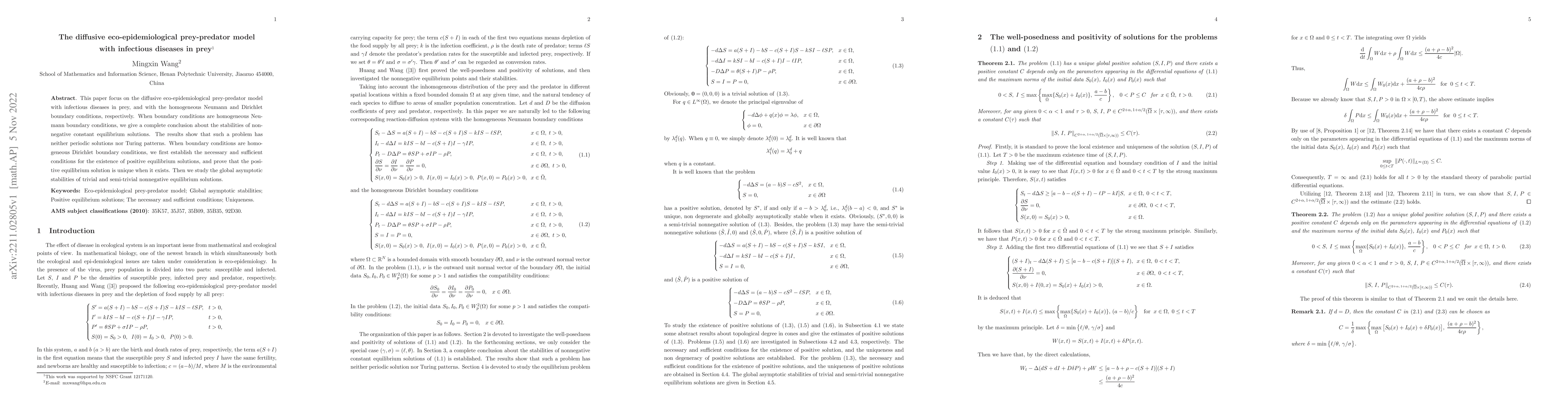 Thumbnail for The diffusive eco-epidemiological prey-predator model with infectious
  diseases in prey