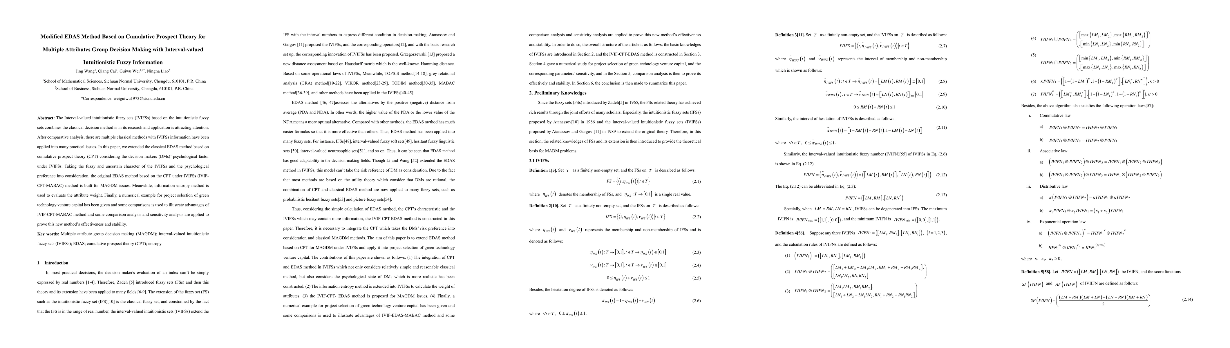 Thumbnail for Modified EDAS Method Based on Cumulative Prospect Theory for Multiple
  Attributes Group Decision Making with Interval-valued Intuitionistic Fuzzy
  Information