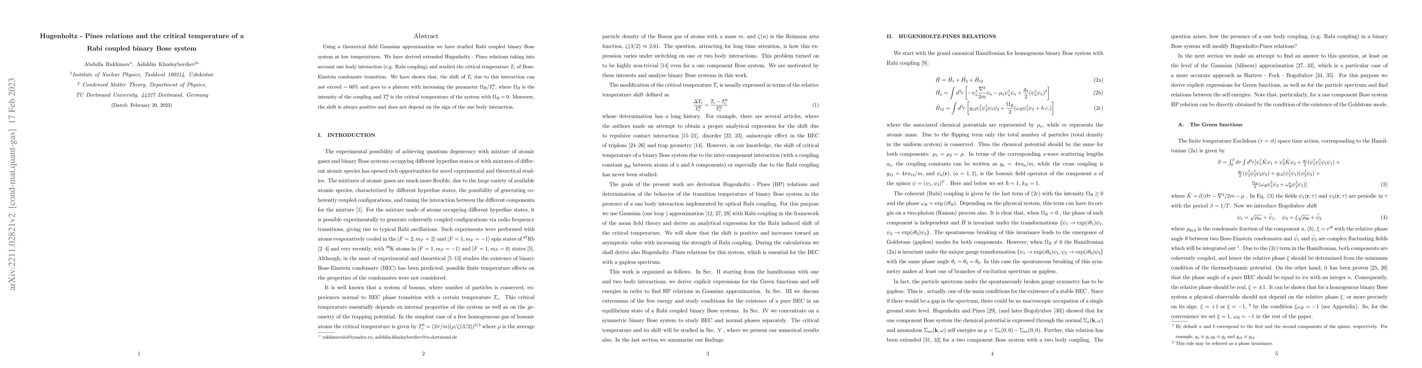 Thumbnail for Hugenholtz -- Pines relations and the critical temperature of a Rabi
  coupled binary Bose system
