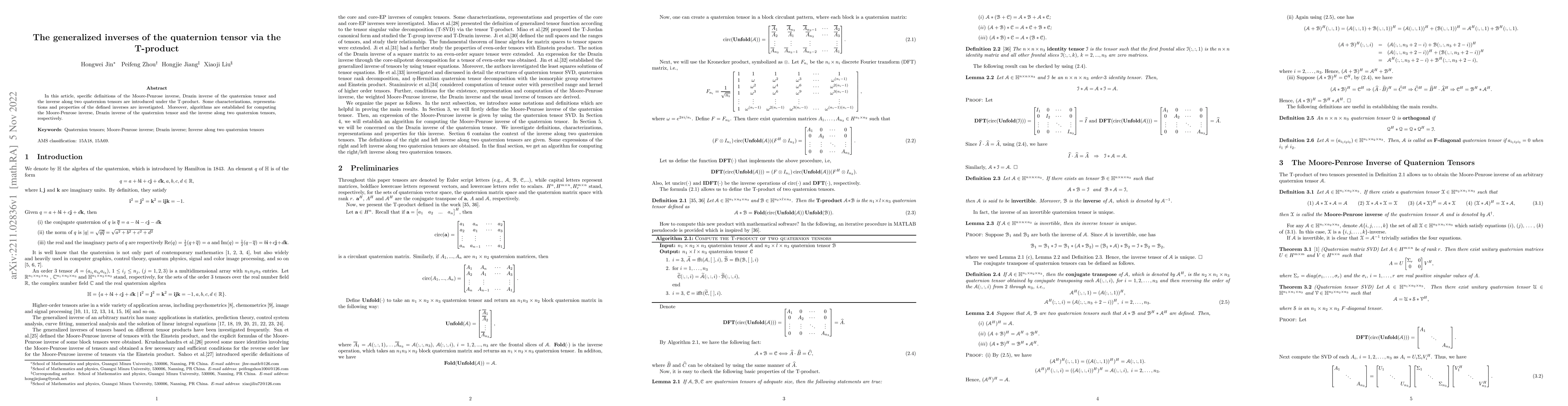 Thumbnail for The generalized inverses of the quaternion tensor via the T-product