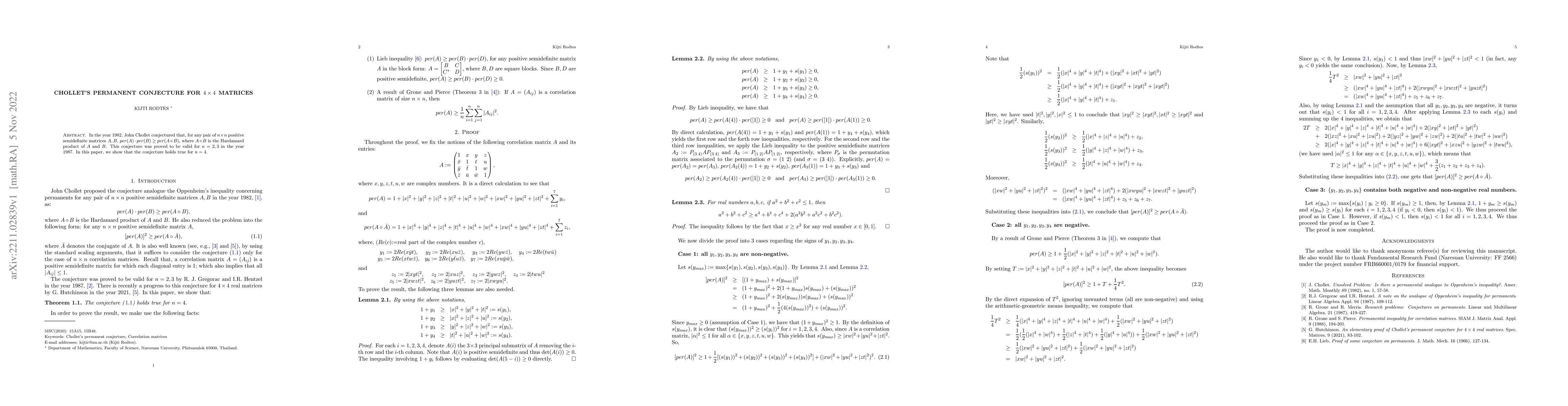 Thumbnail for Chollet's permanent conjecture for $4\times 4$ matrices