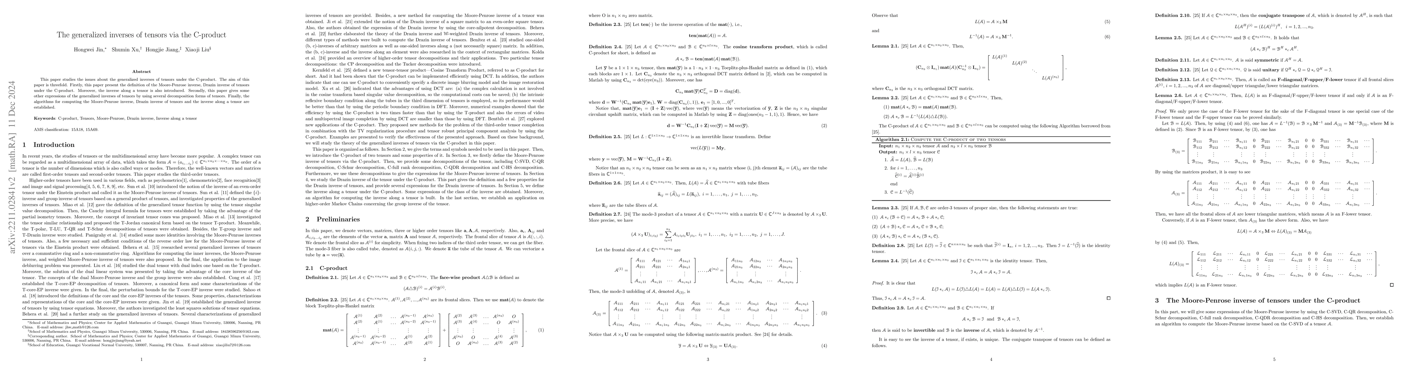 Thumbnail for The generalized inverses of tensors via the C-Product