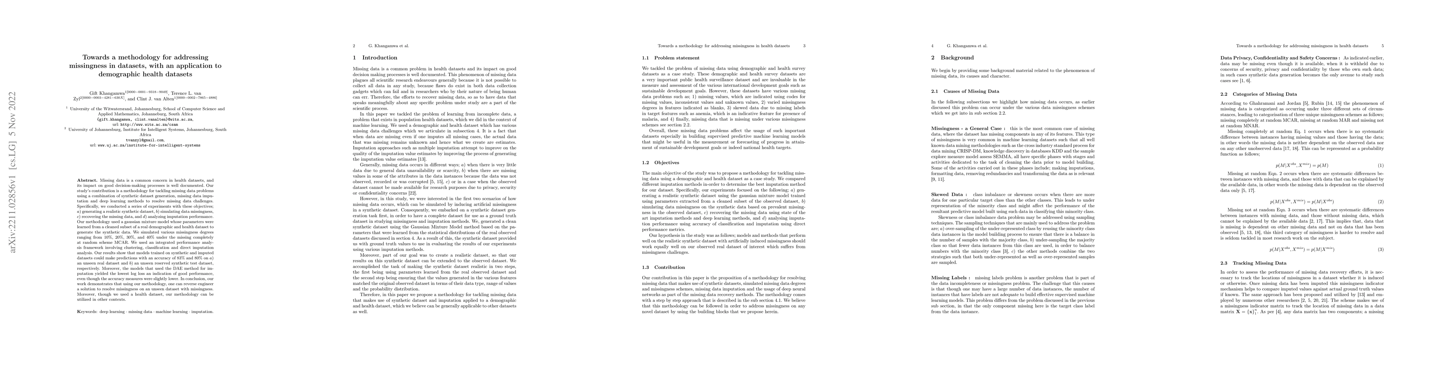 Thumbnail for Towards a methodology for addressing missingness in datasets, with an
  application to demographic health datasets