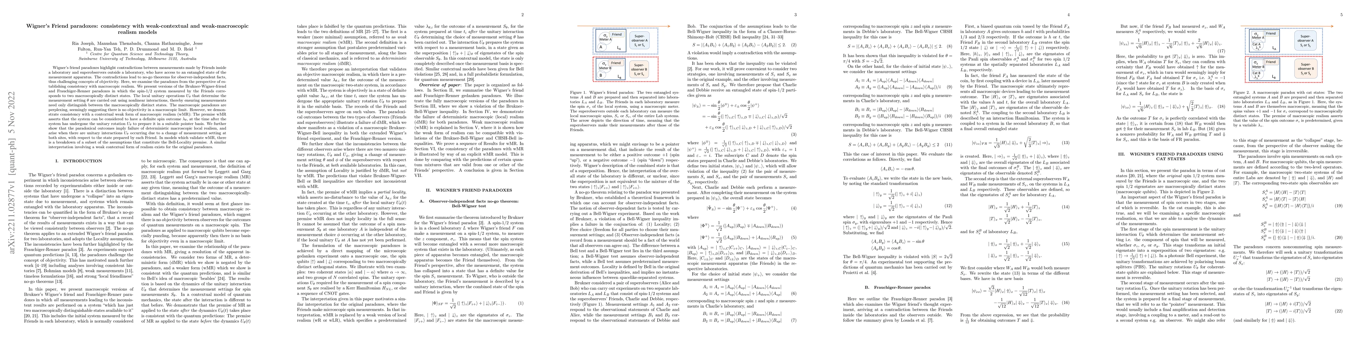 Thumbnail for Wigner's Friend paradoxes: consistency with weak-contextual and
  weak-macroscopic realism models