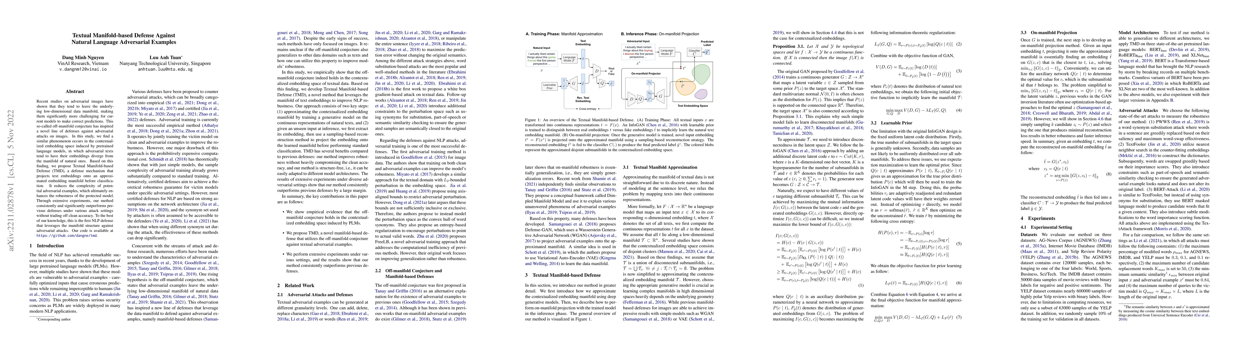 Thumbnail for Textual Manifold-based Defense Against Natural Language Adversarial
  Examples
