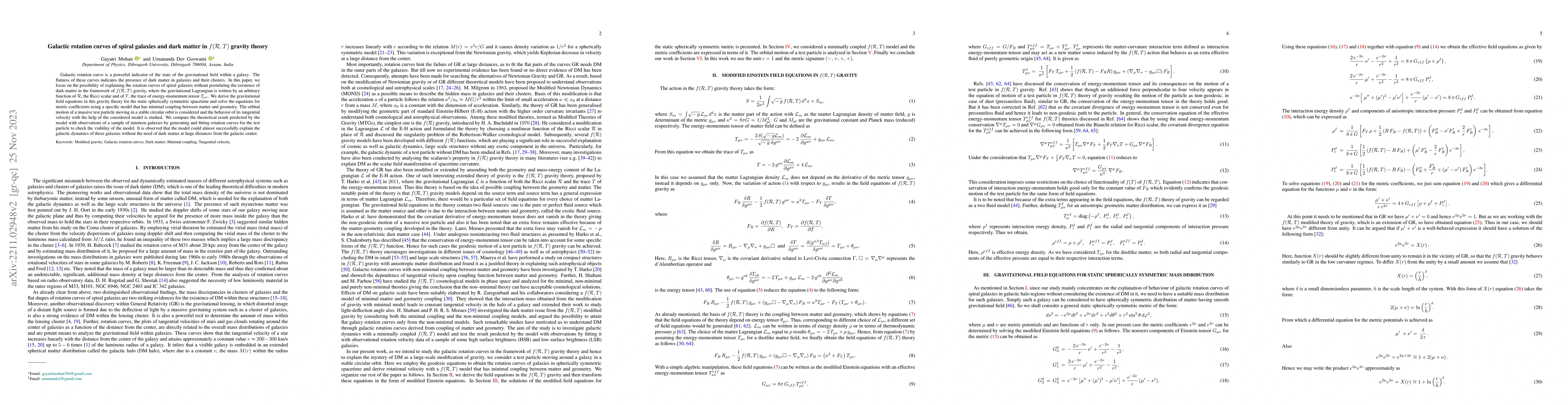 Thumbnail for Galactic rotation curves of spiral galaxies and dark matter in f(R,T)
  gravity theory