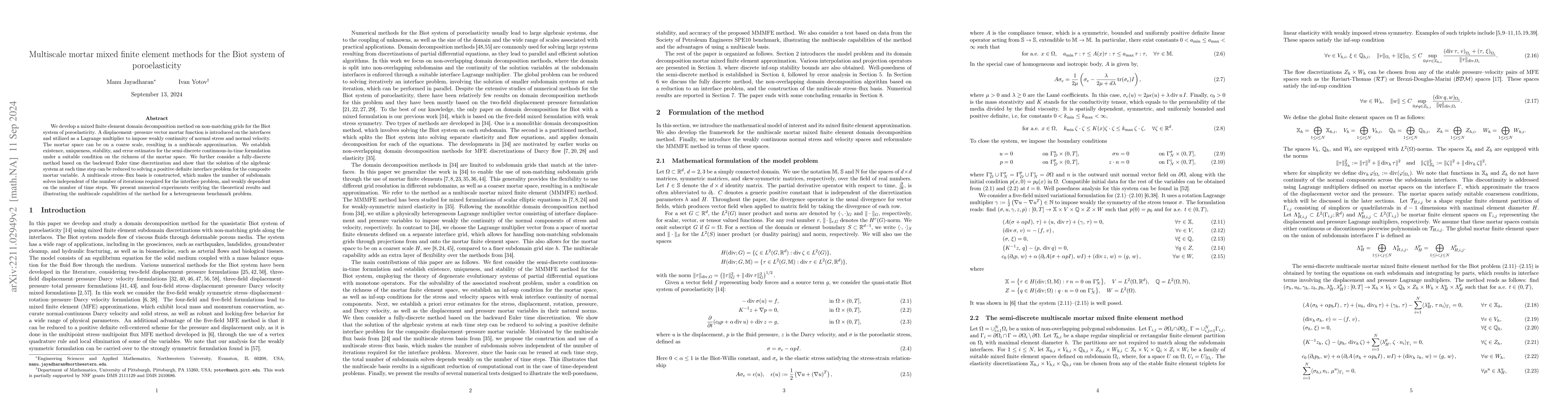 Thumbnail for Multiscale mortar mixed finite element methods for the Biot system of
  poroelasticity