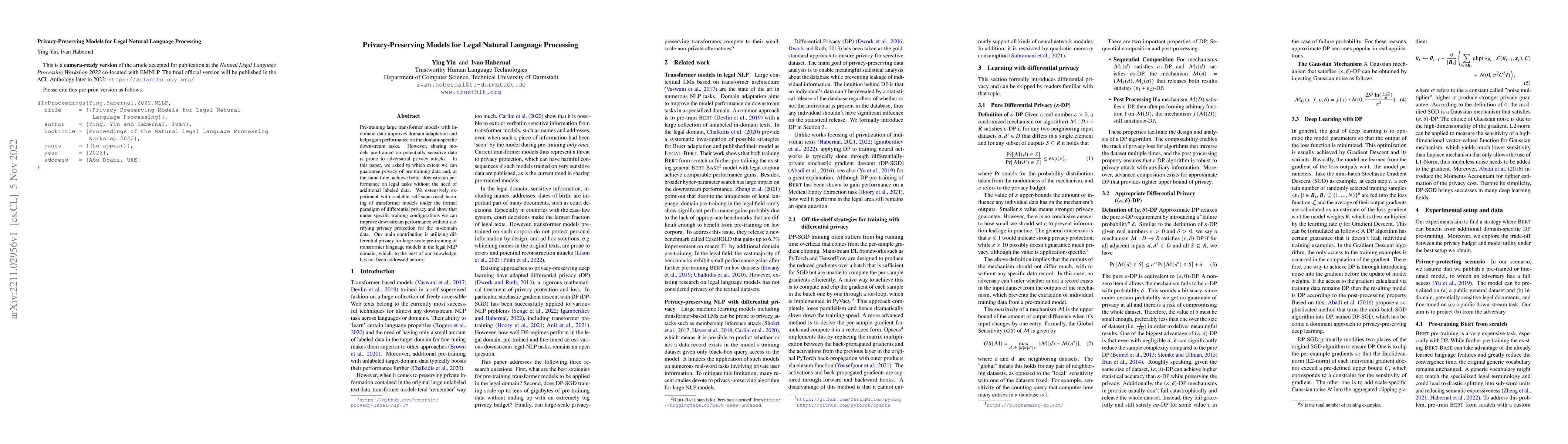 Thumbnail for Privacy-Preserving Models for Legal Natural Language Processing