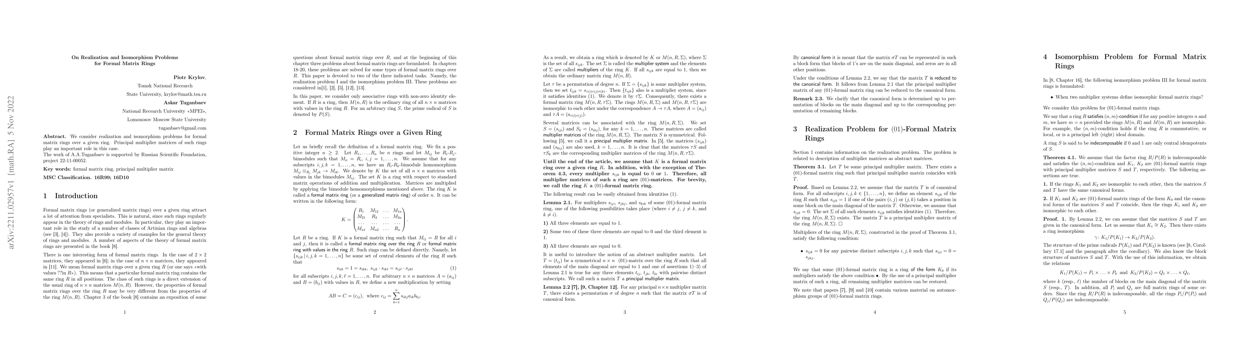 Thumbnail for On Realization and Isomorphism Problems for Formal Matrix Rings
